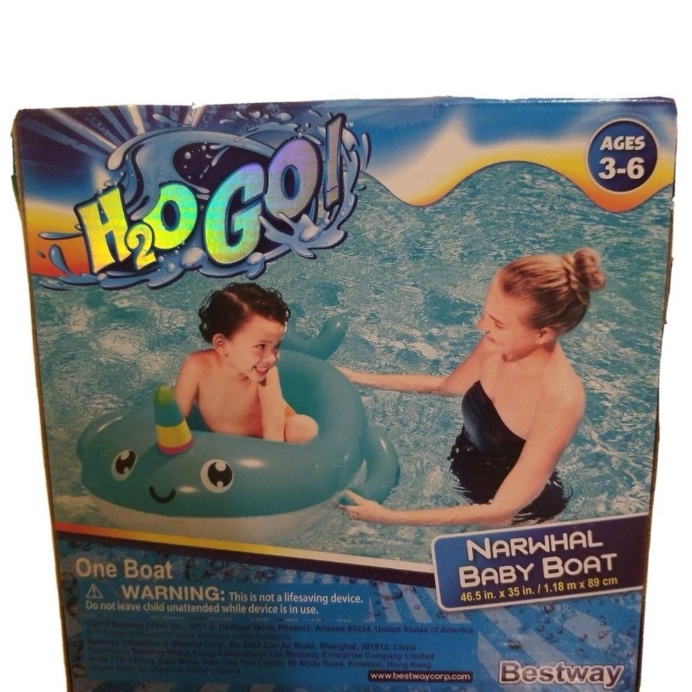 H2O GO! Narwhal Baby Boat - Blue Inflatable Pool Float